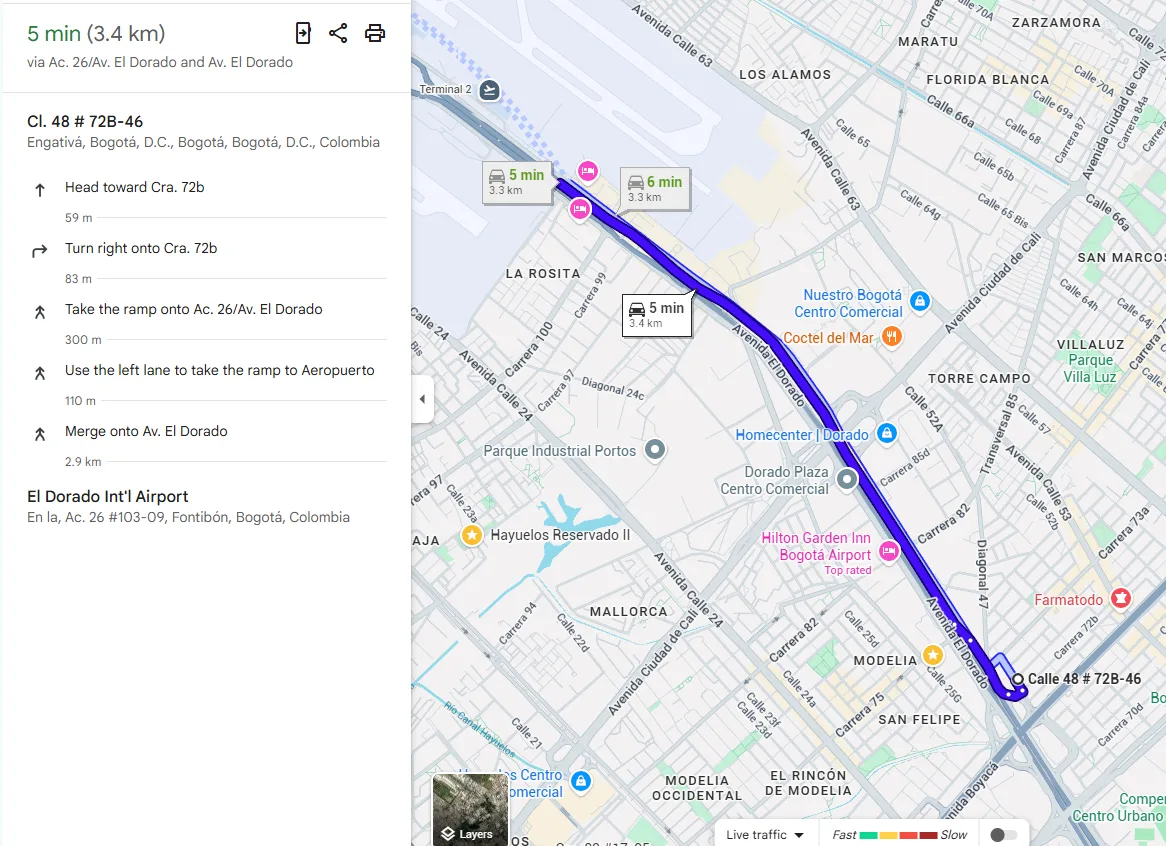 Ruta en Google Maps: aprox. 5 min / 3,4 km desde Toronto Tower al Aeropuerto El Dorado