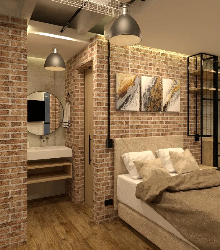 Reference render — industrial-style bedroom concept