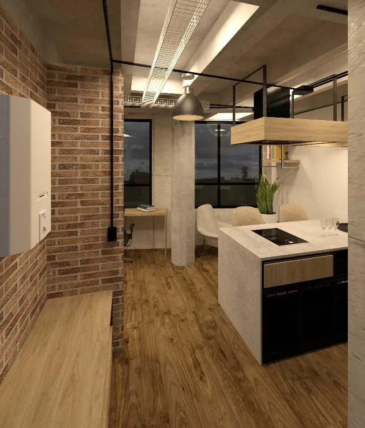 Render referencial — cocina y sala abierta