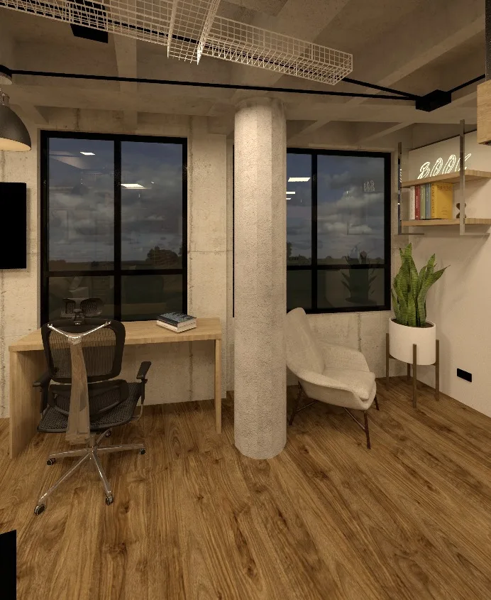 Render referencial — sala-comedor con ventanal