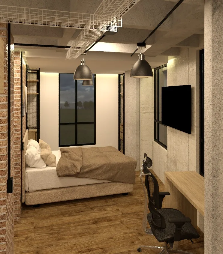 Reference render — living/study concept