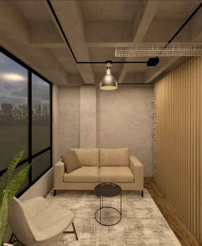 Reference render — living area with large window